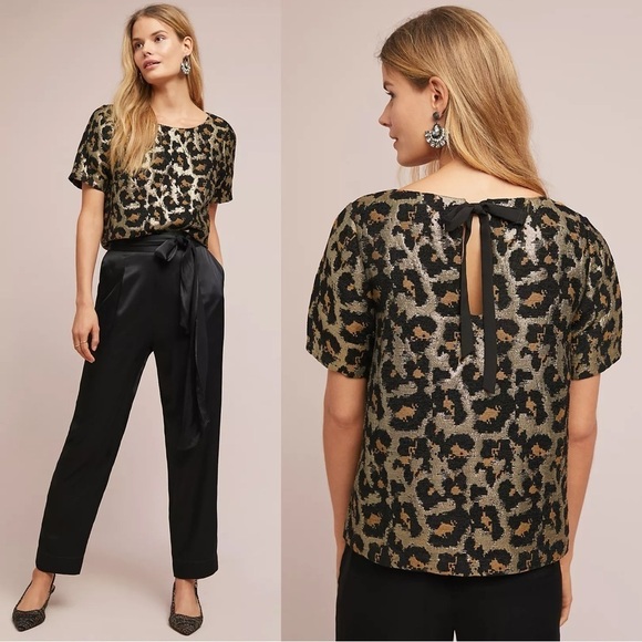 Anthropologie Tops - Hutch • Anthro Leopard Top metallic brocade gold black boxy bow neck